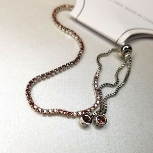 Bolo Bracelet, Rhodium plated Sterling Silver with Darker Pink Rinstones